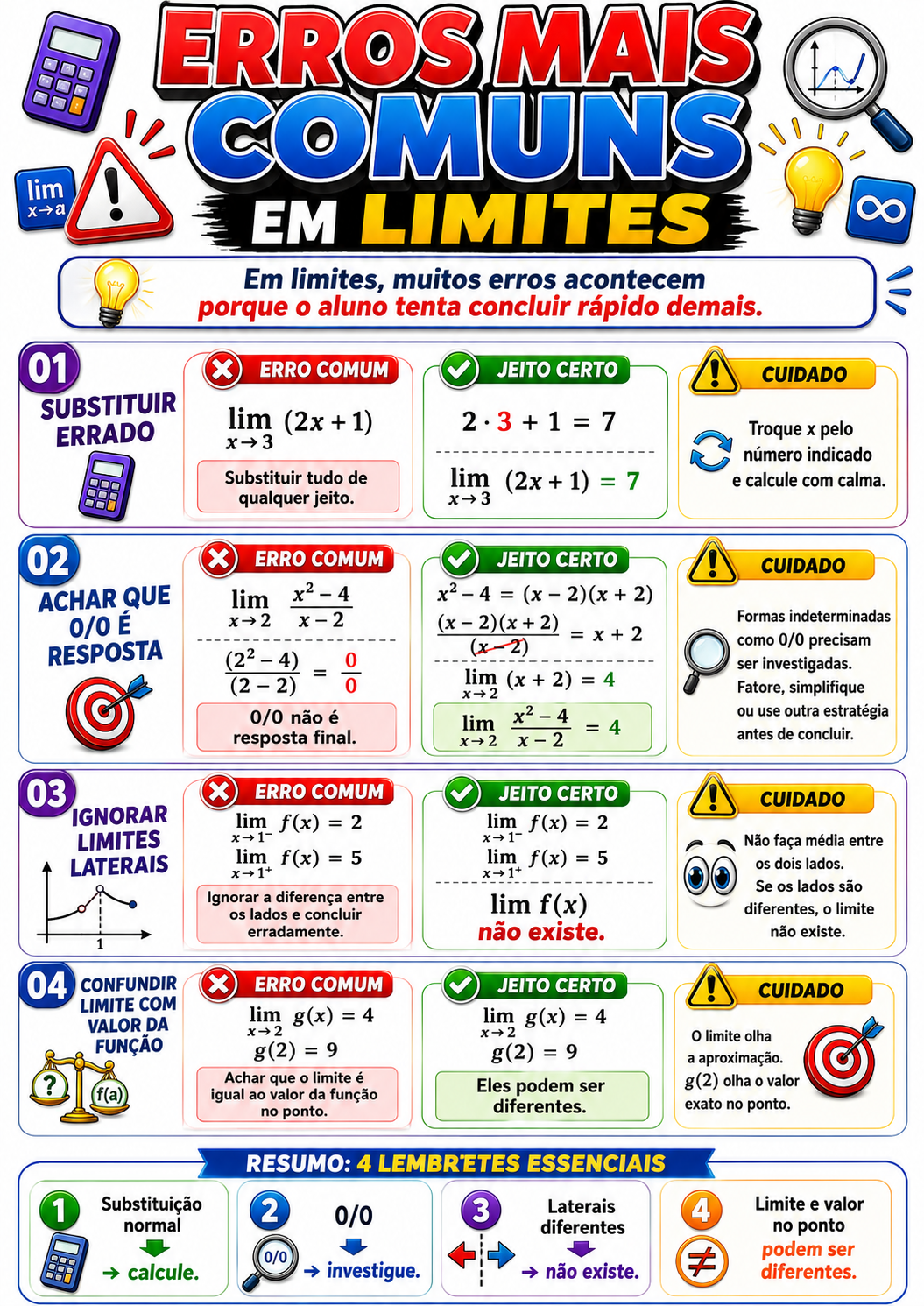Página visual de Cálculo I: Erros mais comuns em limites